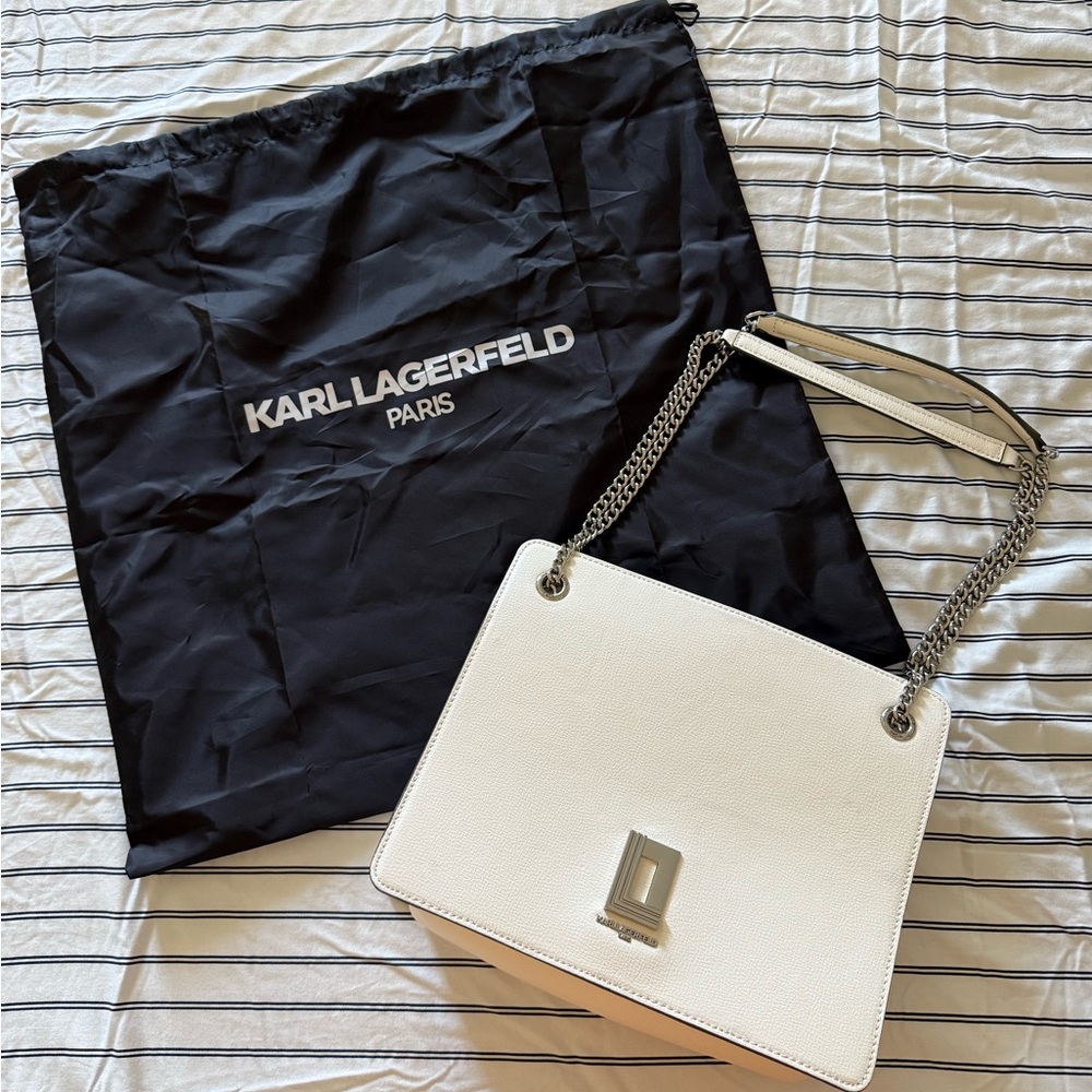 Karl Lagerfeld White Shoulder Bag with Silver Chain